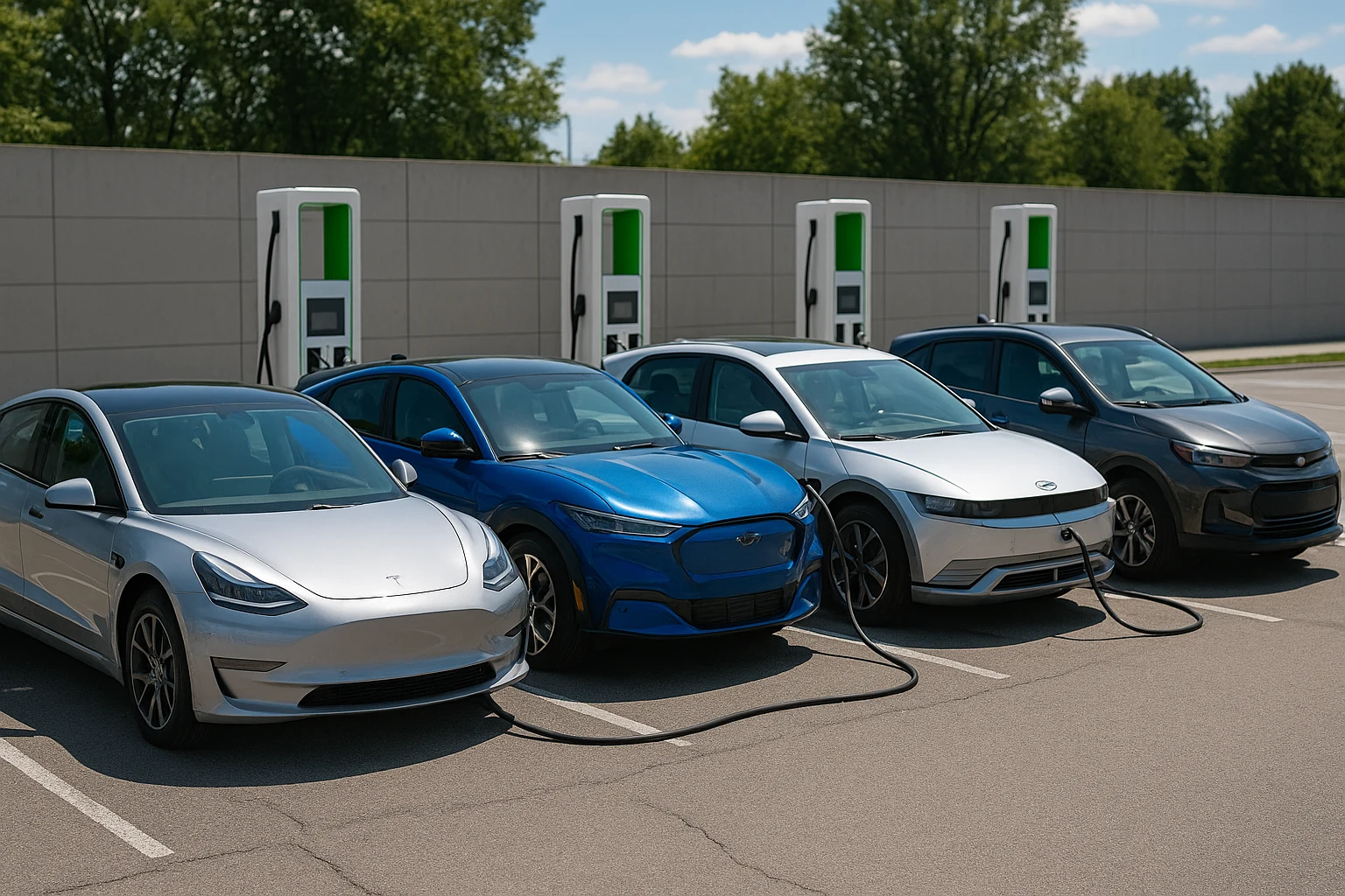 Four electric vehicles — Tesla Model 3, Ford Mustang Mach-E, Hyundai Ioniq 5, and Chevrolet Bolt EUV — charging at outdoor EV stations.