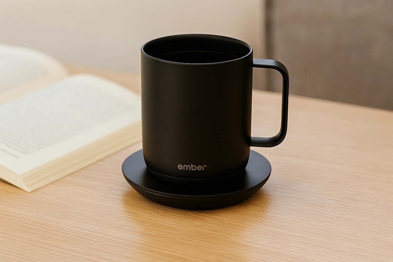 Ember Temperature Control Smart Mug 2 on wooden table with book in soft background.