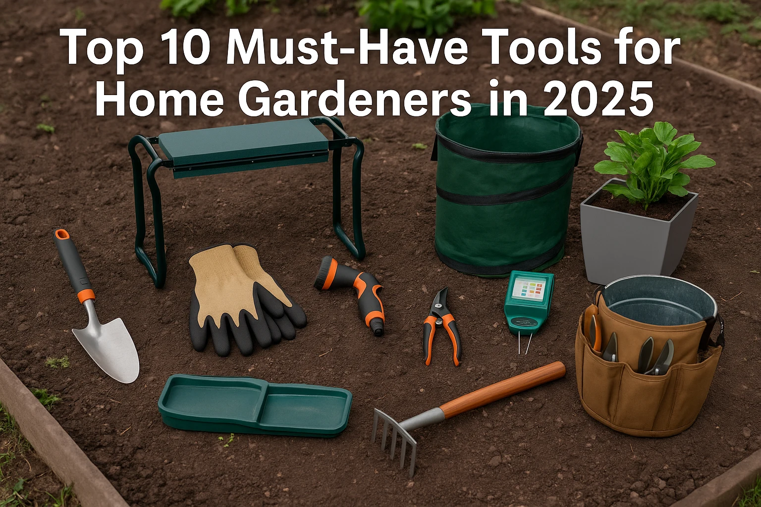 Essential home gardening tools 2025 arranged in a backyard garden bed