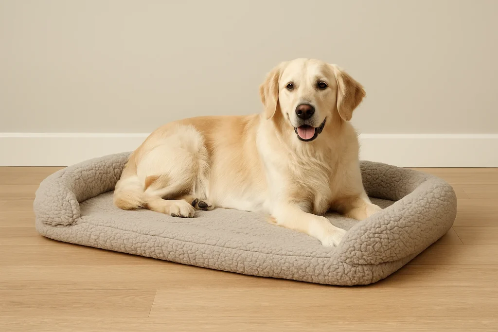 Golden Retriever lying on a light gray bolster dog bed in a cozy room with wooden flooring.