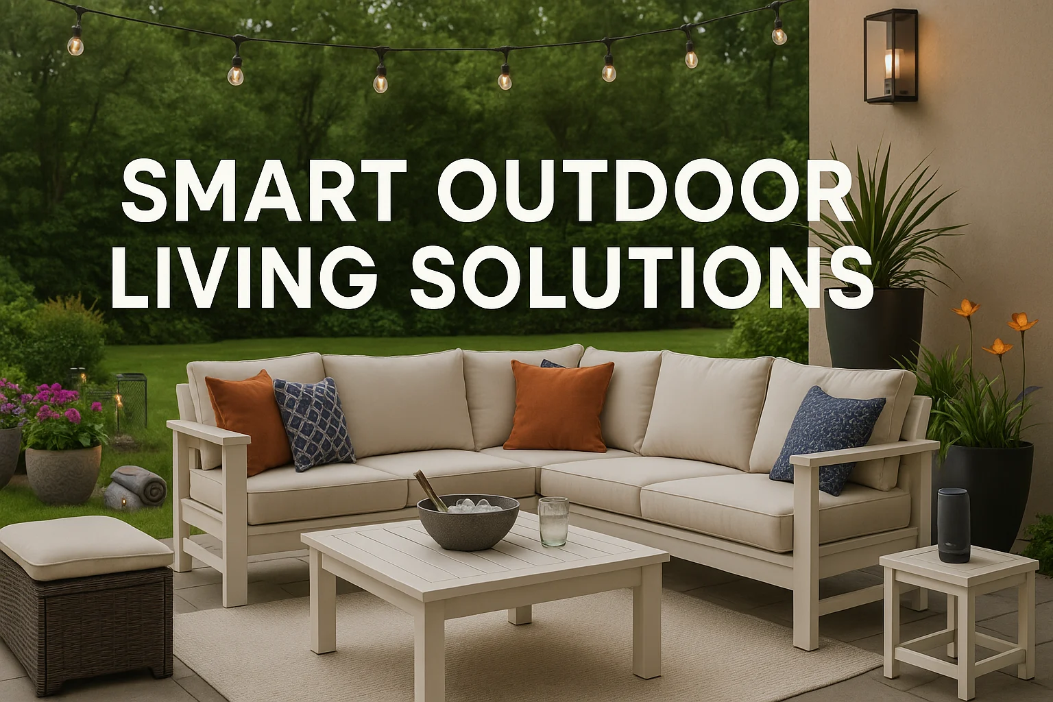 Modern backyard with smart furniture, outdoor lighting, and decorative planters