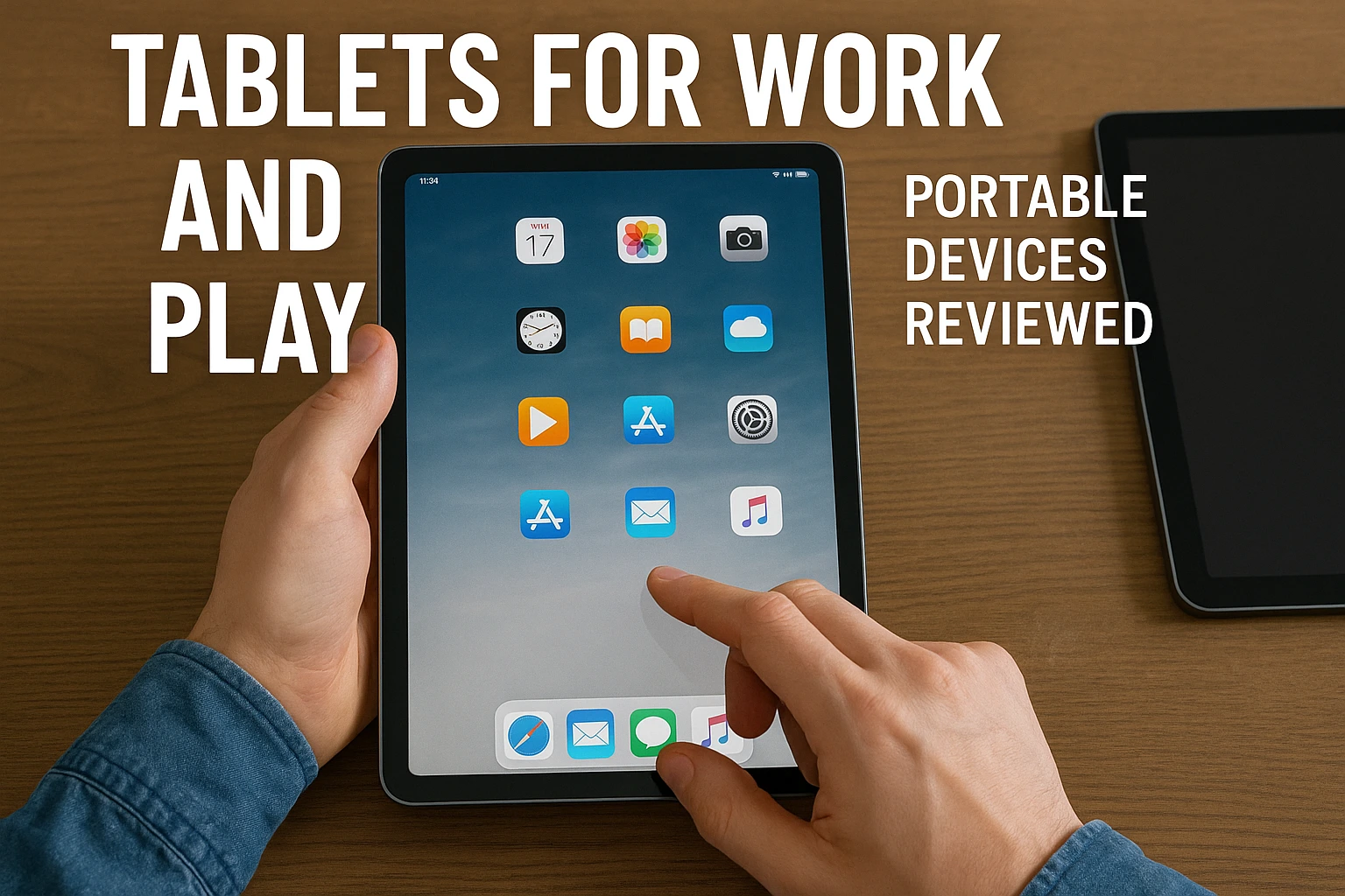 Person using a tablet on a wooden desk with colorful apps on screen, highlighting portable devices for work and play.