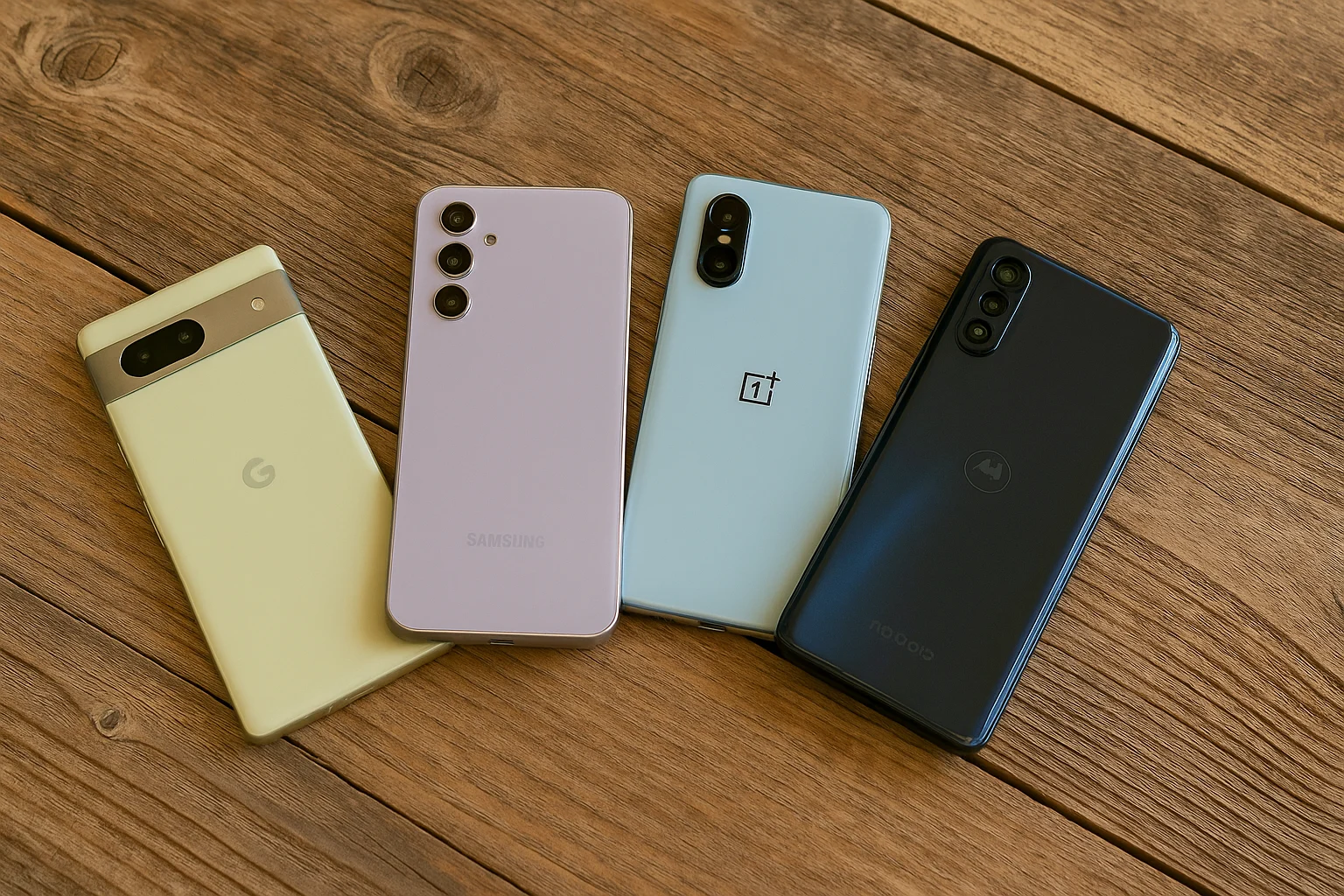 Four smartphones including Pixel 7a, Galaxy A54, OnePlus Nord N30, and Moto G Stylus arranged on a wooden surface