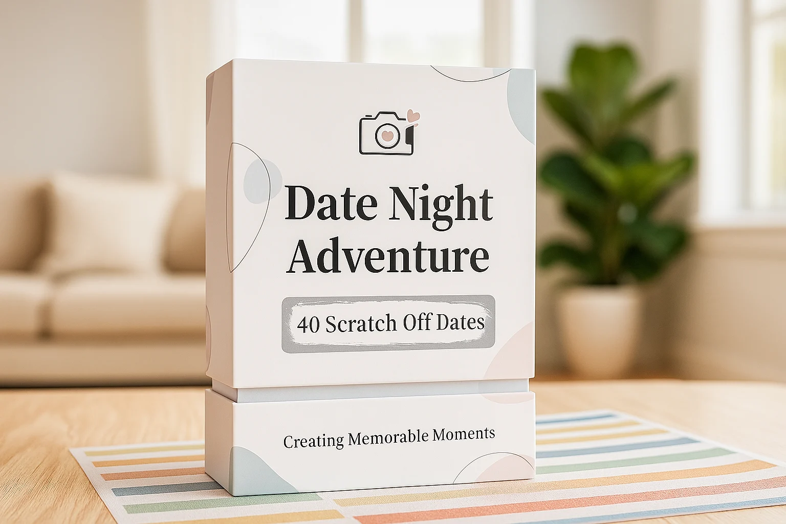 A box of scratch-off date night cards placed on a cozy wooden table with a lit candle and rose petals nearby.