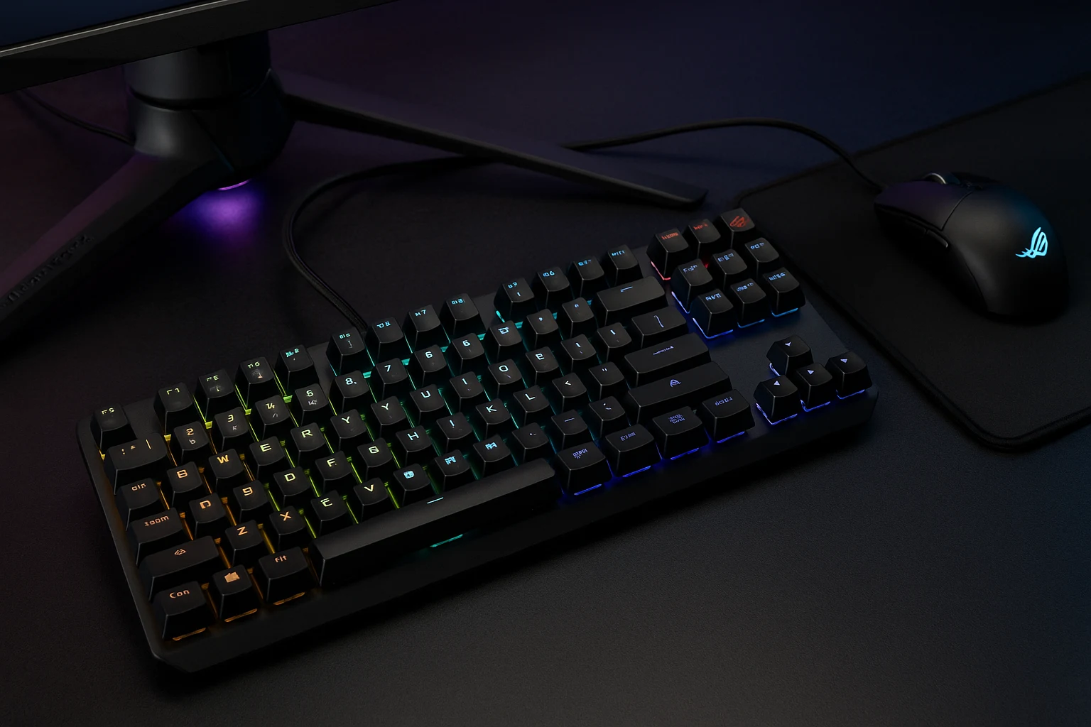 ASUS ROG Strix Scope NX TKL mechanical gaming keyboard on a sleek setup – best game keyboard for FPS players and compact layouts