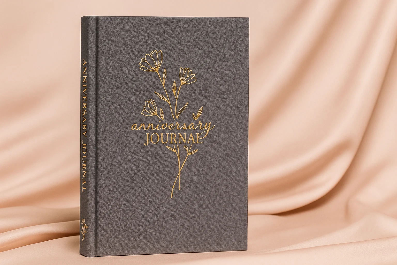 A hardcover Anniversary Journal with a gray textured cover and gold floral design, standing upright on a soft blush satin fabric background.