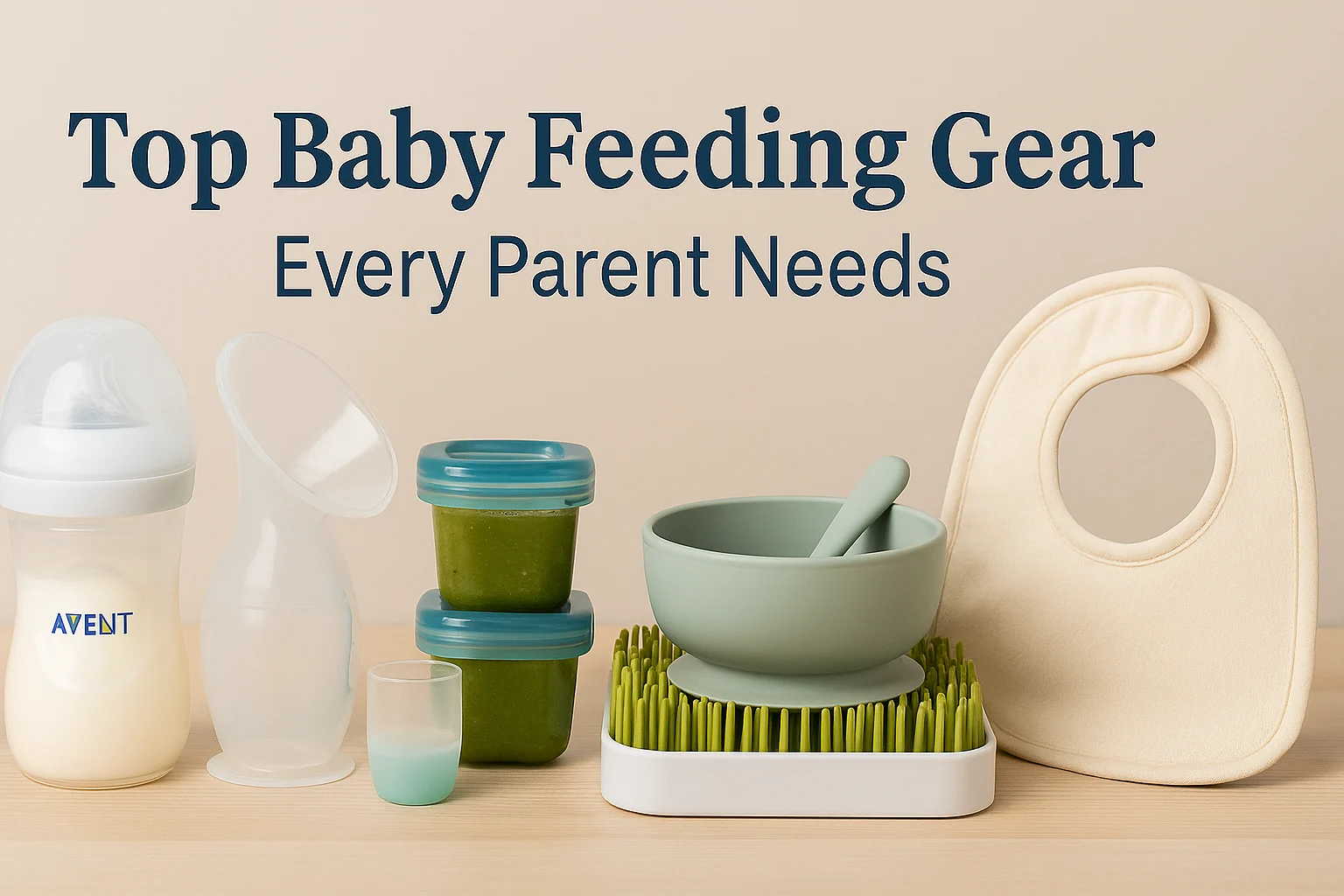 Essential baby feeding gear including bottle, breast pump, food containers, bib, and suction bowl on a wooden surface