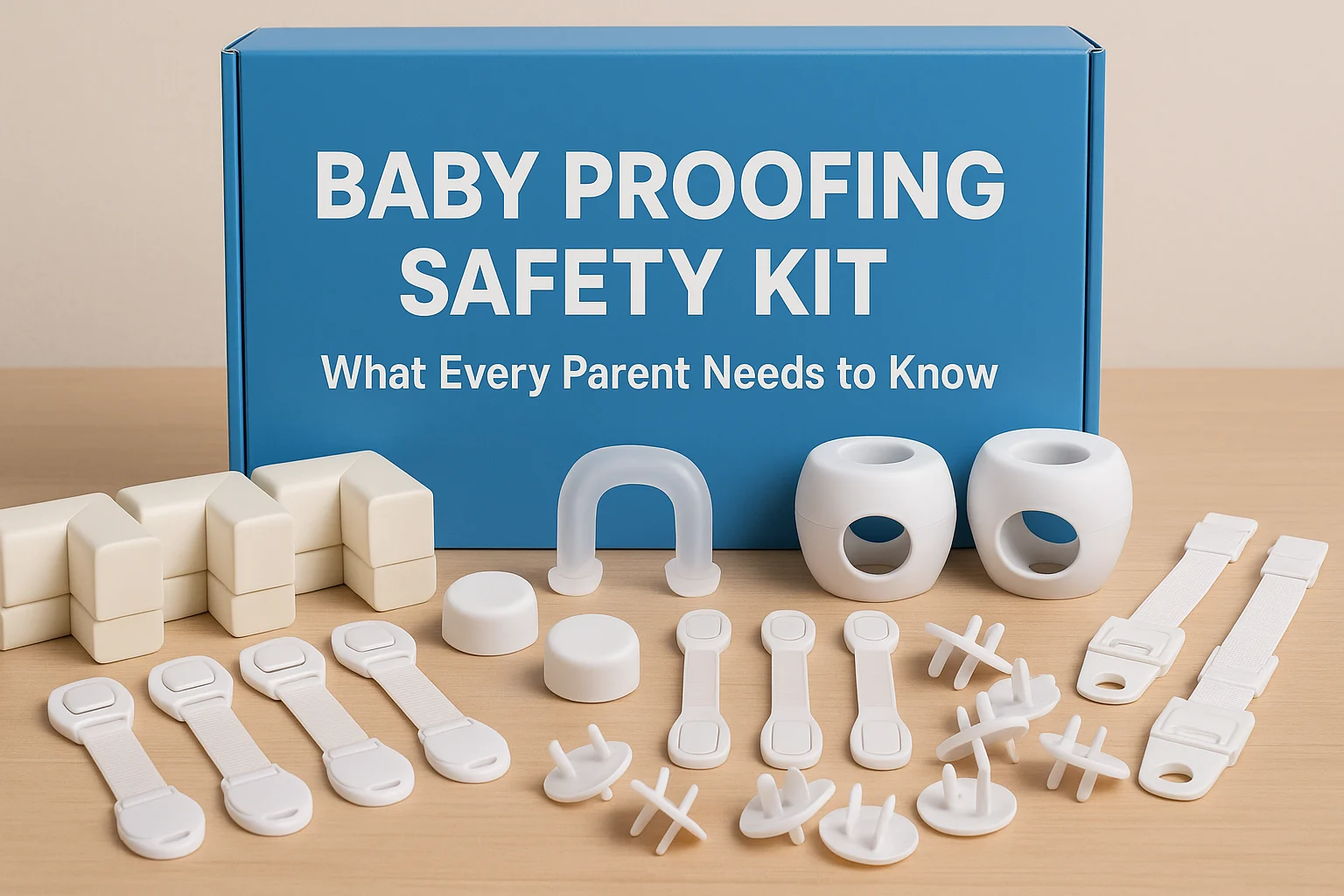 A realistic image of a complete Baby Proofing Safety Kit laid out on a wooden surface, including cabinet locks, outlet covers, edge bumpers, and corner guards for child safety.