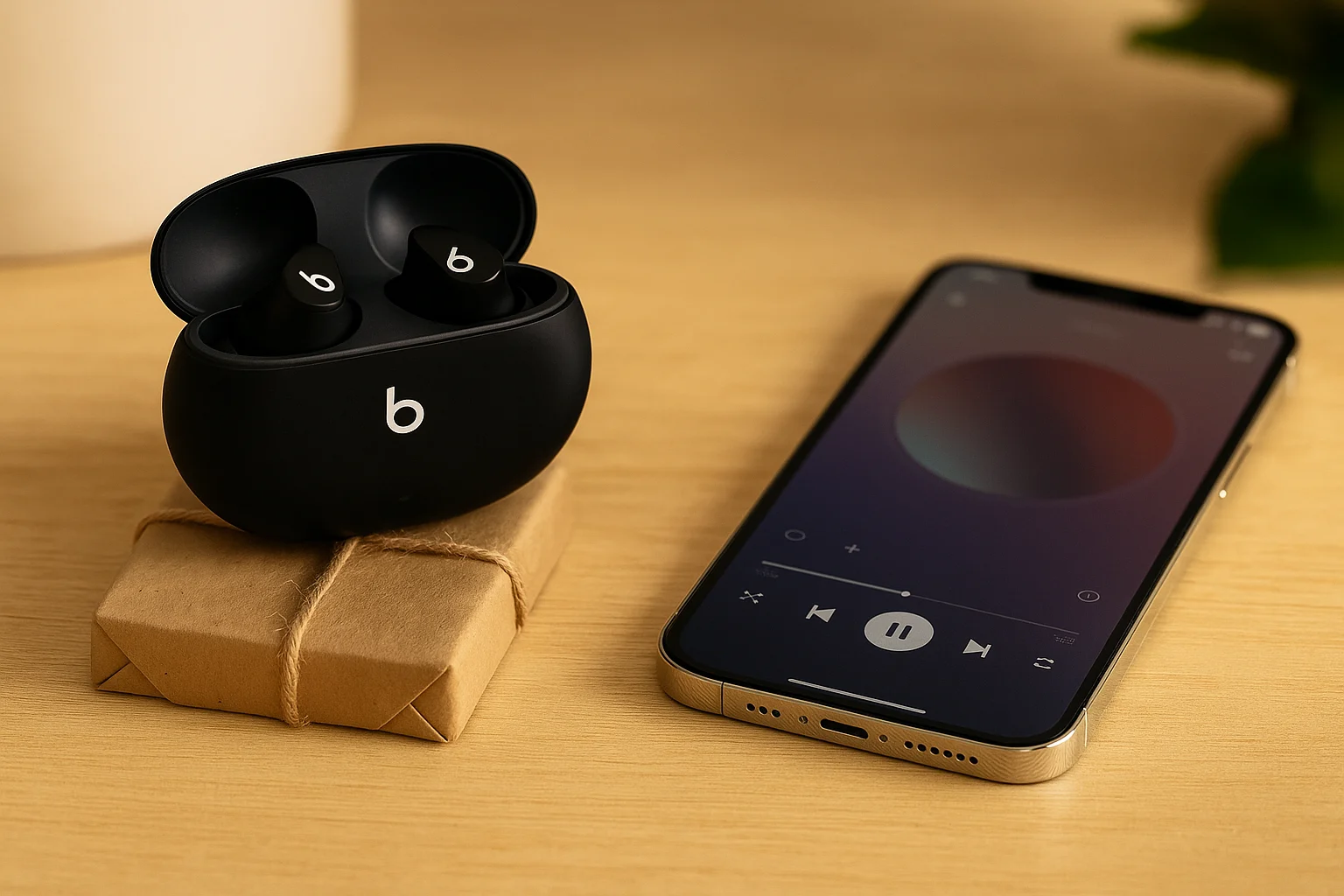 Beats Studio Buds wireless earbuds on a wooden surface — a tech-savvy gift for BF who loves music.
