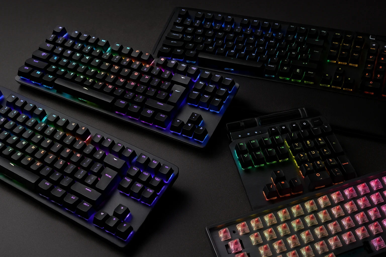 Realistic setup of four mechanical gaming keyboards on a desk – best game keyboard selection for high-performance play