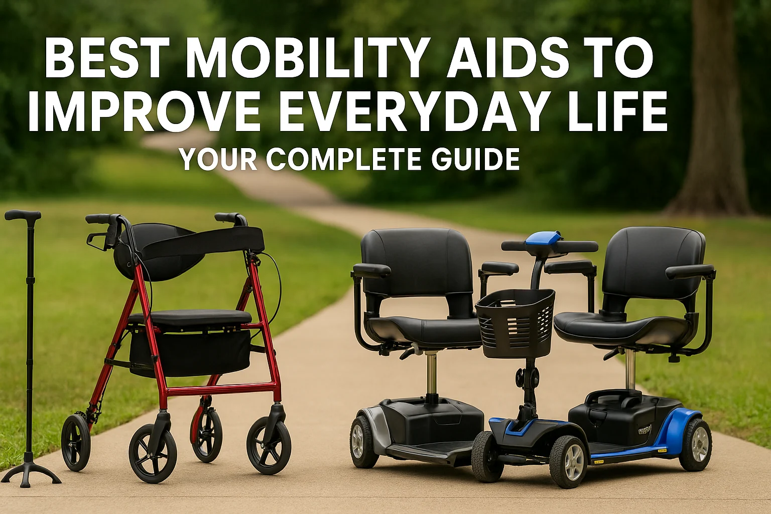 Four mobility aids including a cane, rollator walker, transport wheelchair, and mobility scooter displayed on a pathway with a forested background.