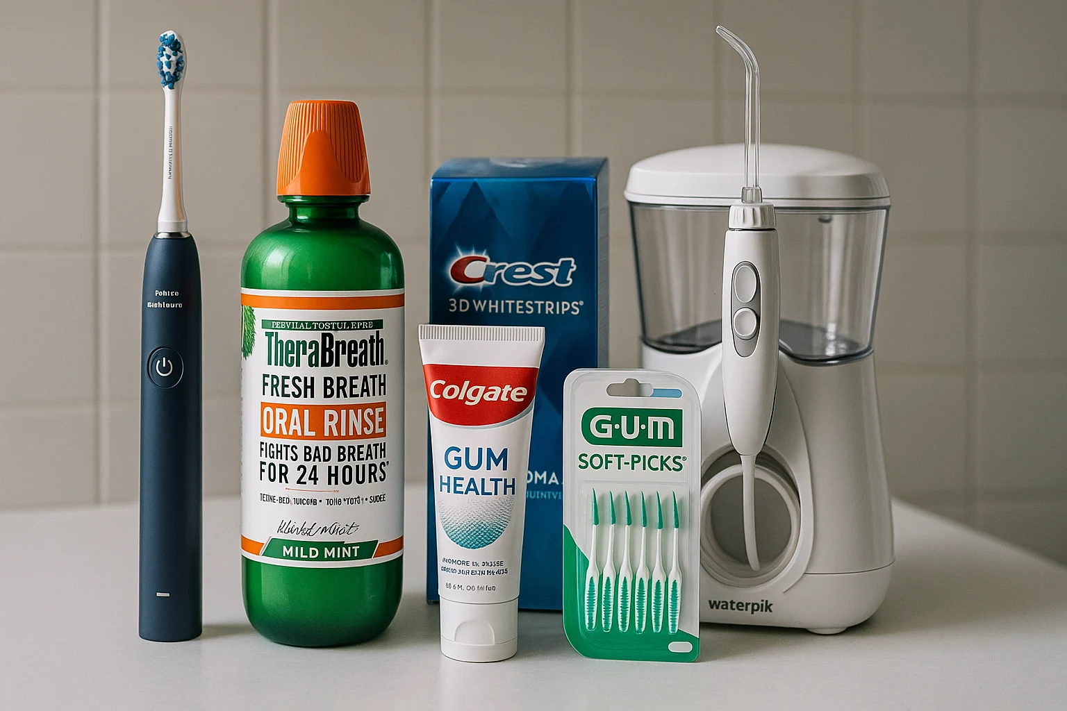A collection of oral care products including an electric toothbrush, mouthwash, toothpaste, and dental floss arranged on a white bathroom counter.
