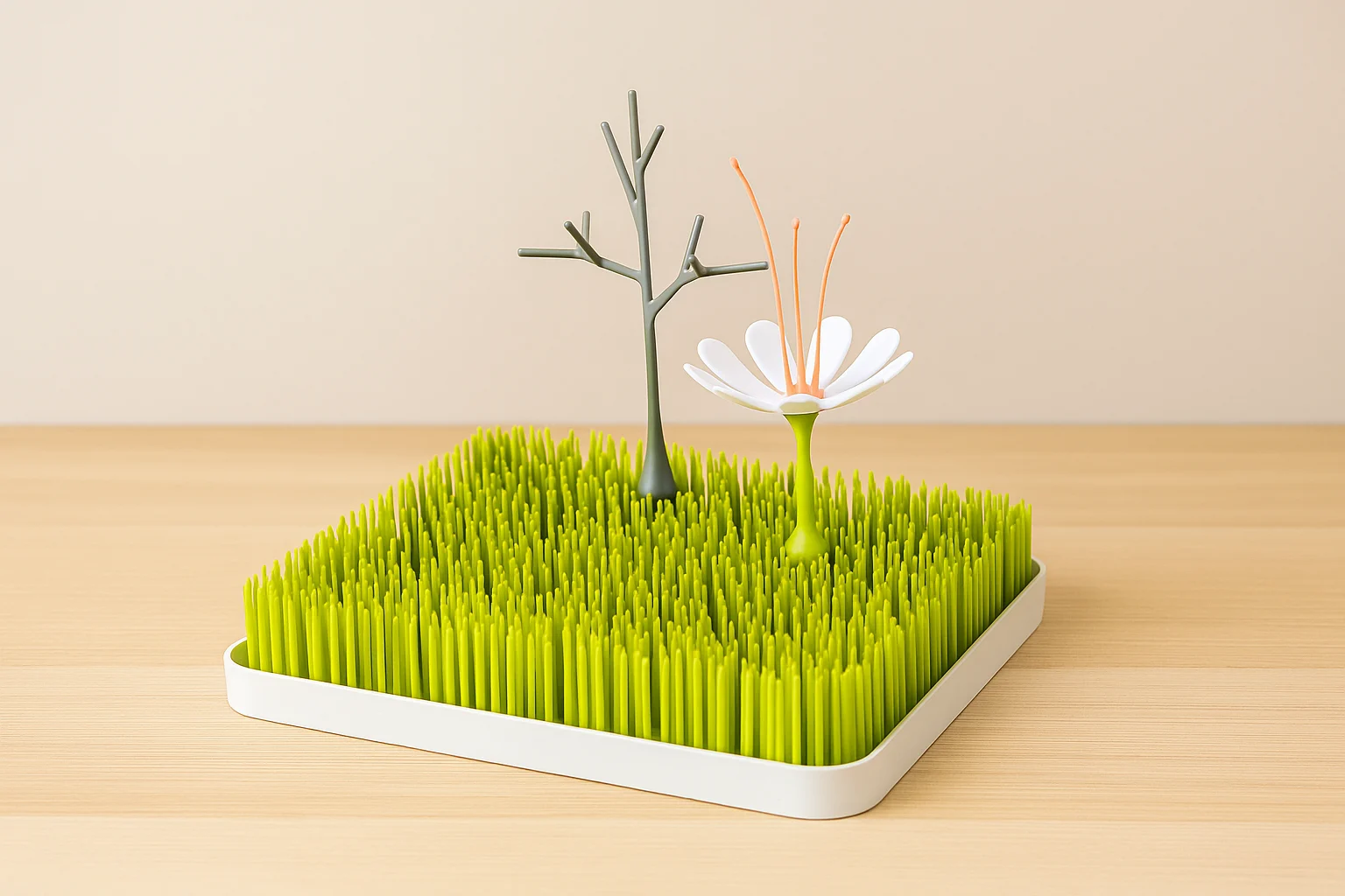 Boon Grass Countertop Drying Rack used as part of essential baby feeding gear for drying bottles and accessories