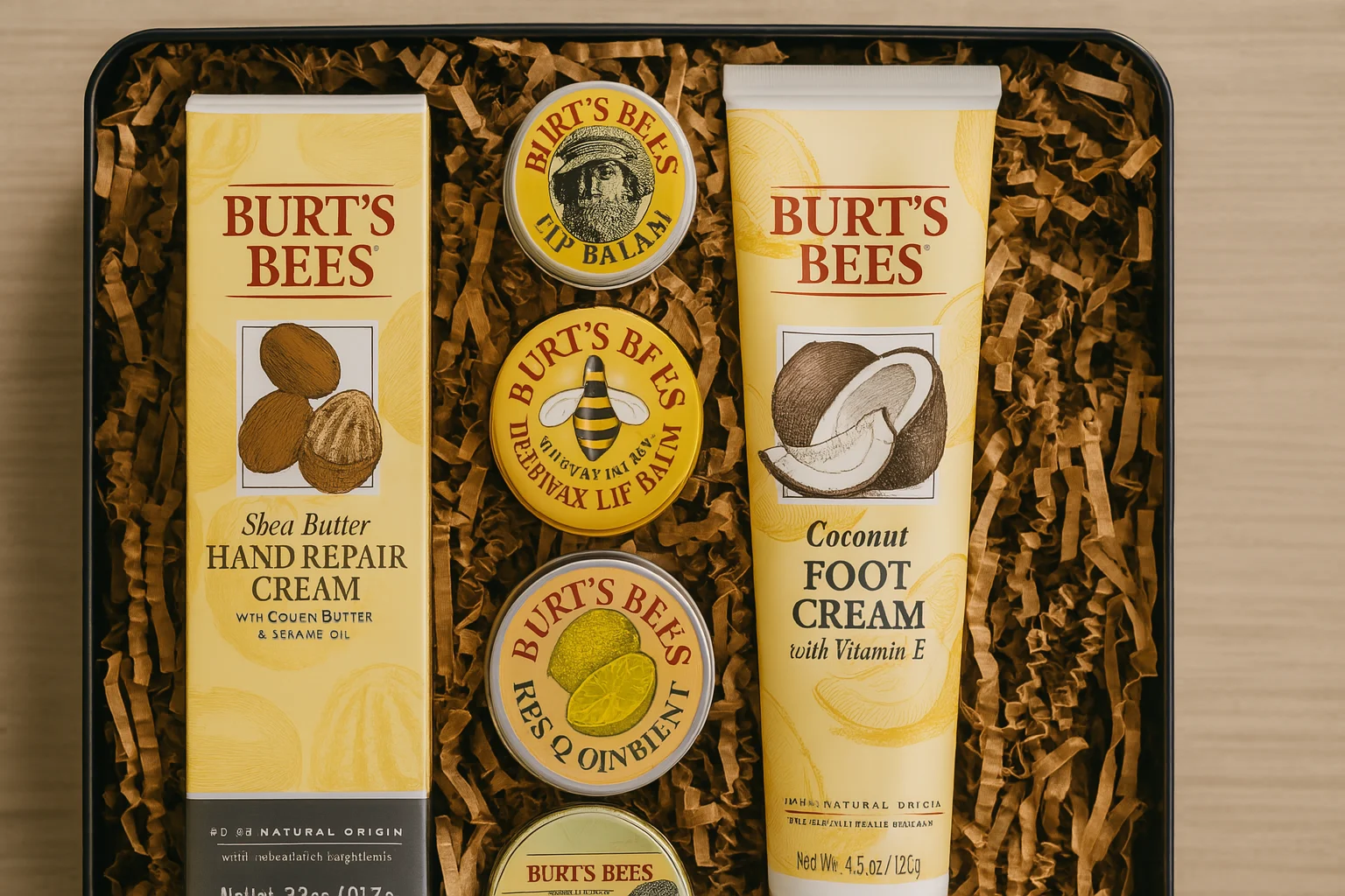 Top view of a Burt’s Bees gift set including hand repair cream, foot cream, lip balms, and ointments neatly packed in a gift box with shredded paper filling