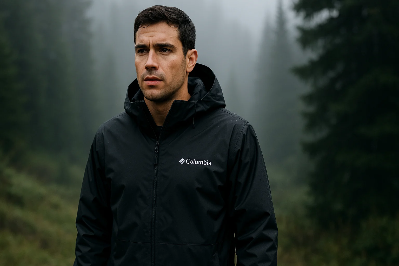 Man wearing a black Columbia Men’s Watertight II Rain Jacket in a foggy forest.
