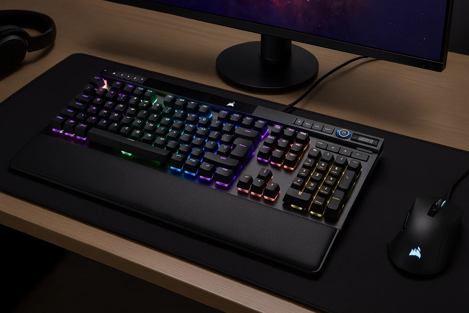 Corsair K100 RGB keyboard with macro keys and RGB lighting in a professional gamer setup
