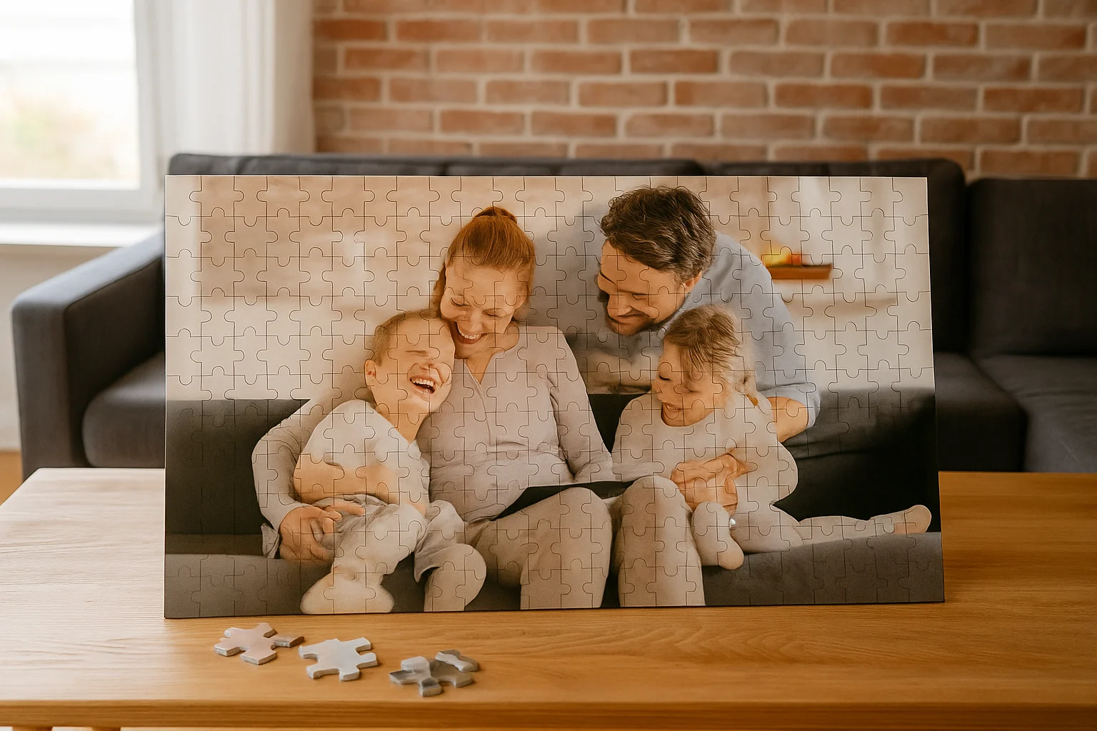 A completed custom jigsaw puzzle showing a happy family of four laughing together on a couch, with puzzle pieces and the box displayed nearby.