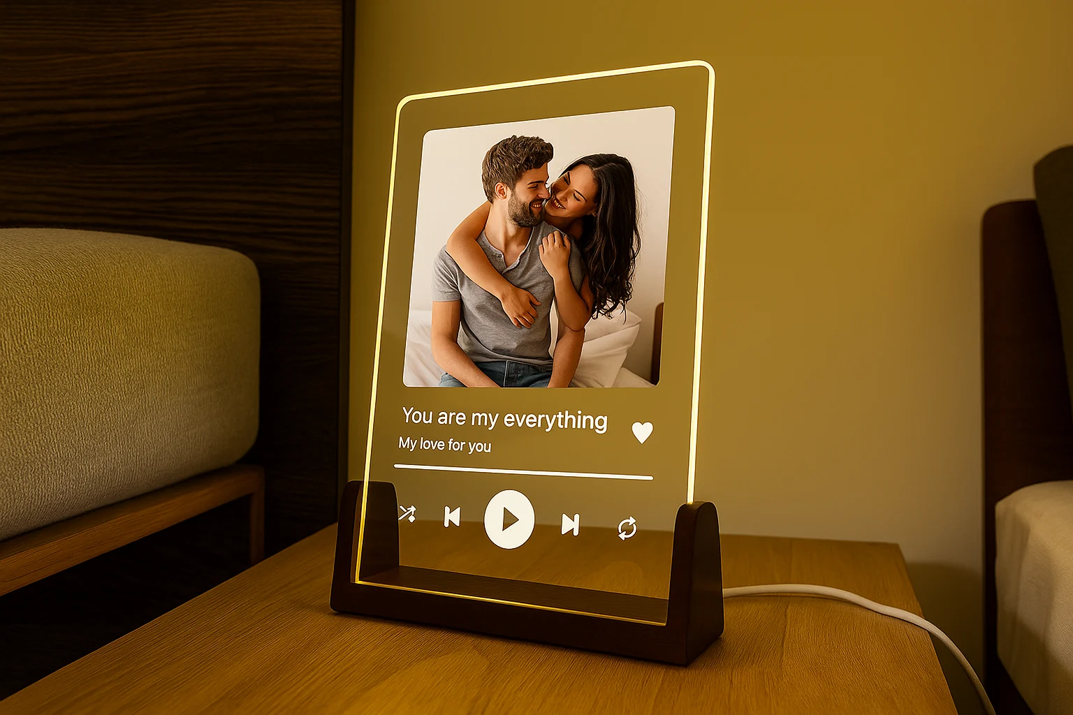 A personalized illuminated acrylic music plaque on a wooden stand, featuring a photo of a couple, a song title, and a music playback interface for Gift for Anniversary.