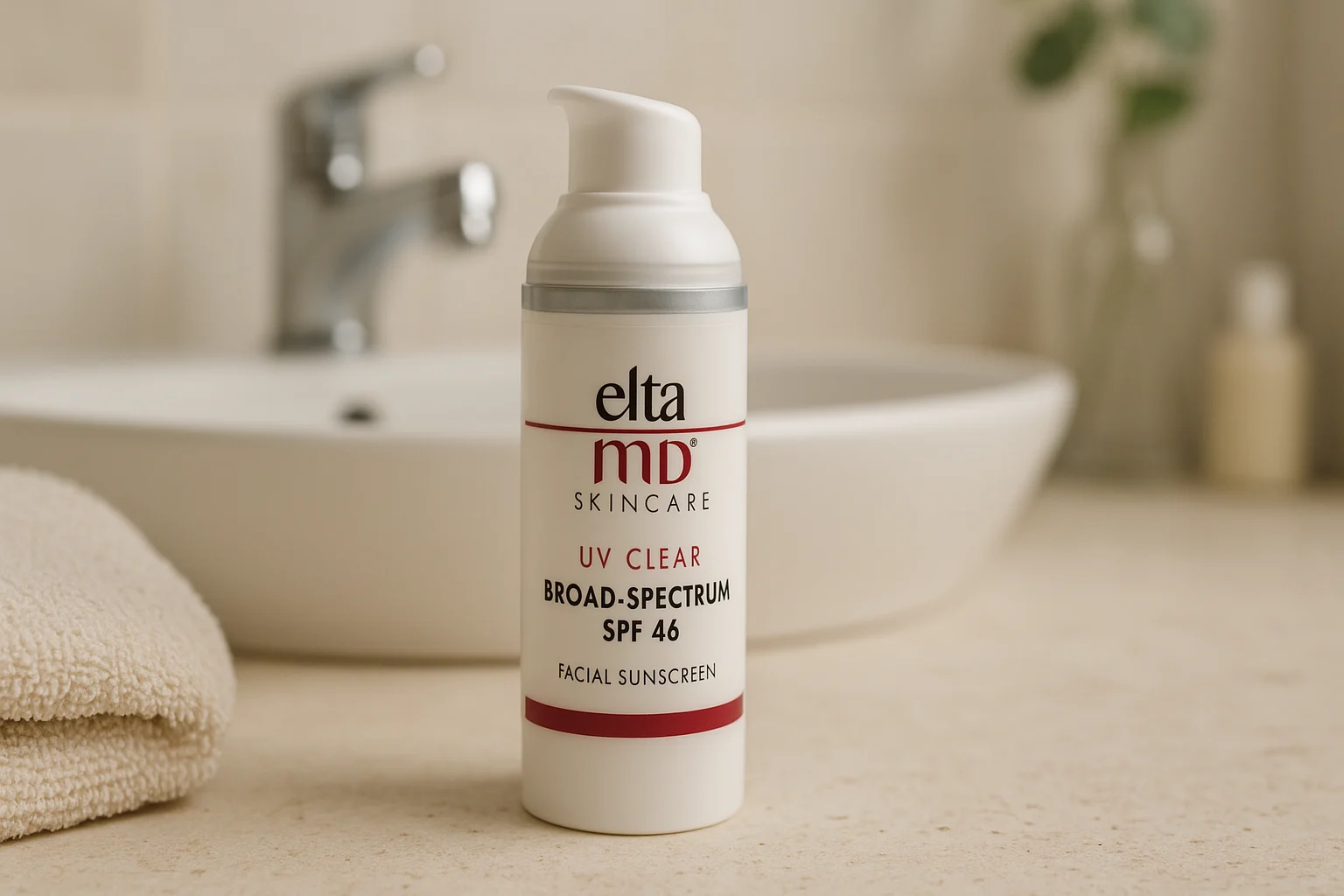 Best skincare product for sun protection – EltaMD UV Clear SPF 46 on a bathroom counter.