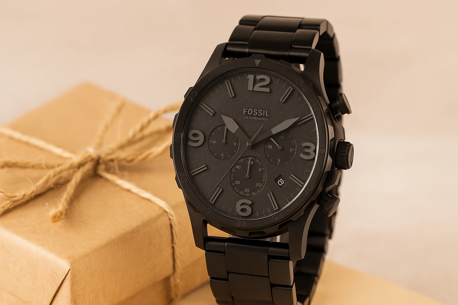 A stylish Fossil chronograph watch on a gift box — a timeless gift for BF with classic taste.