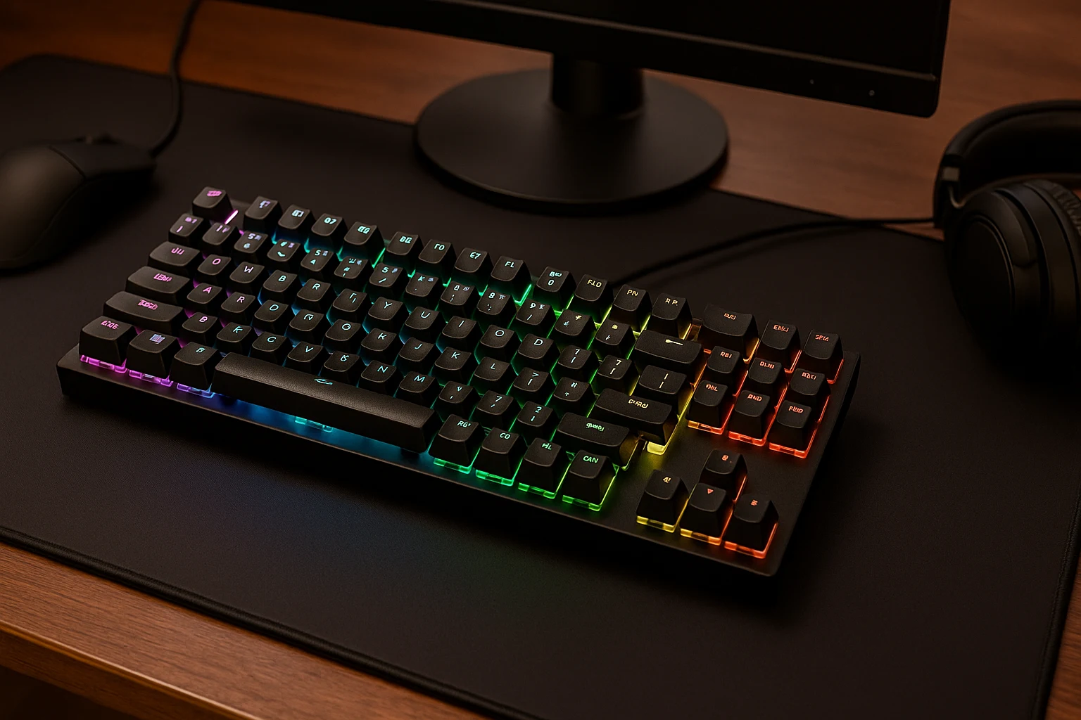 Glorious GMMK 2 Compact hot-swappable keyboard in a tidy workspace with vibrant RGB lighting