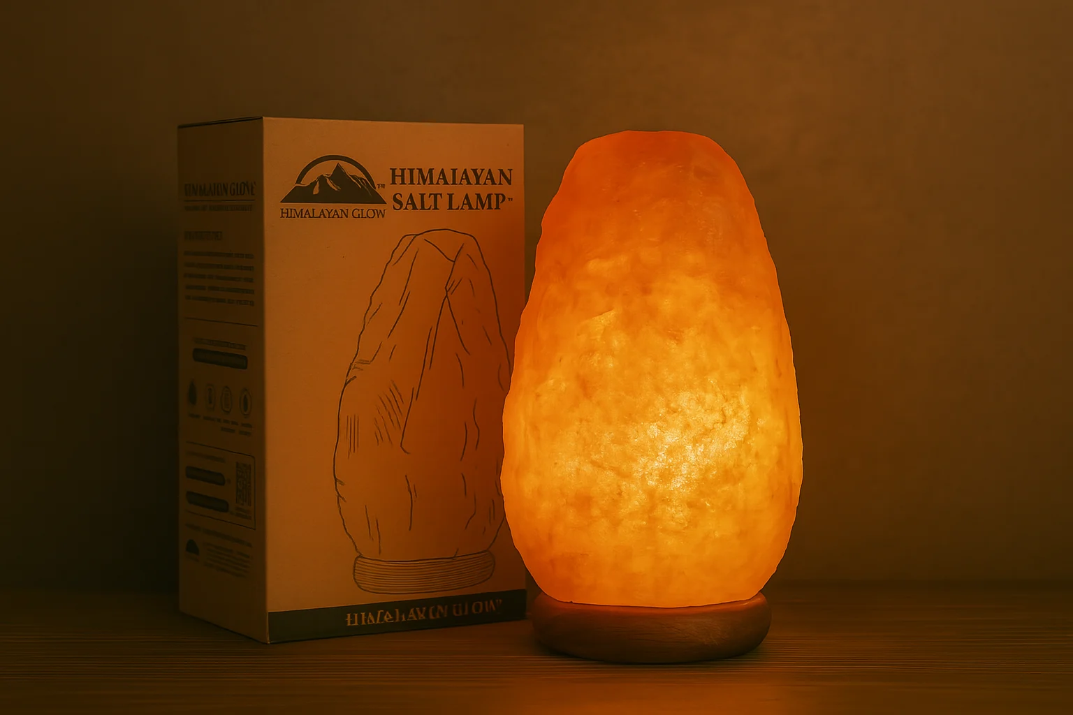 Himalayan salt lamp glowing warmly beside its product packaging on a wooden table, creating a cozy ambiance in a dimly lit room.