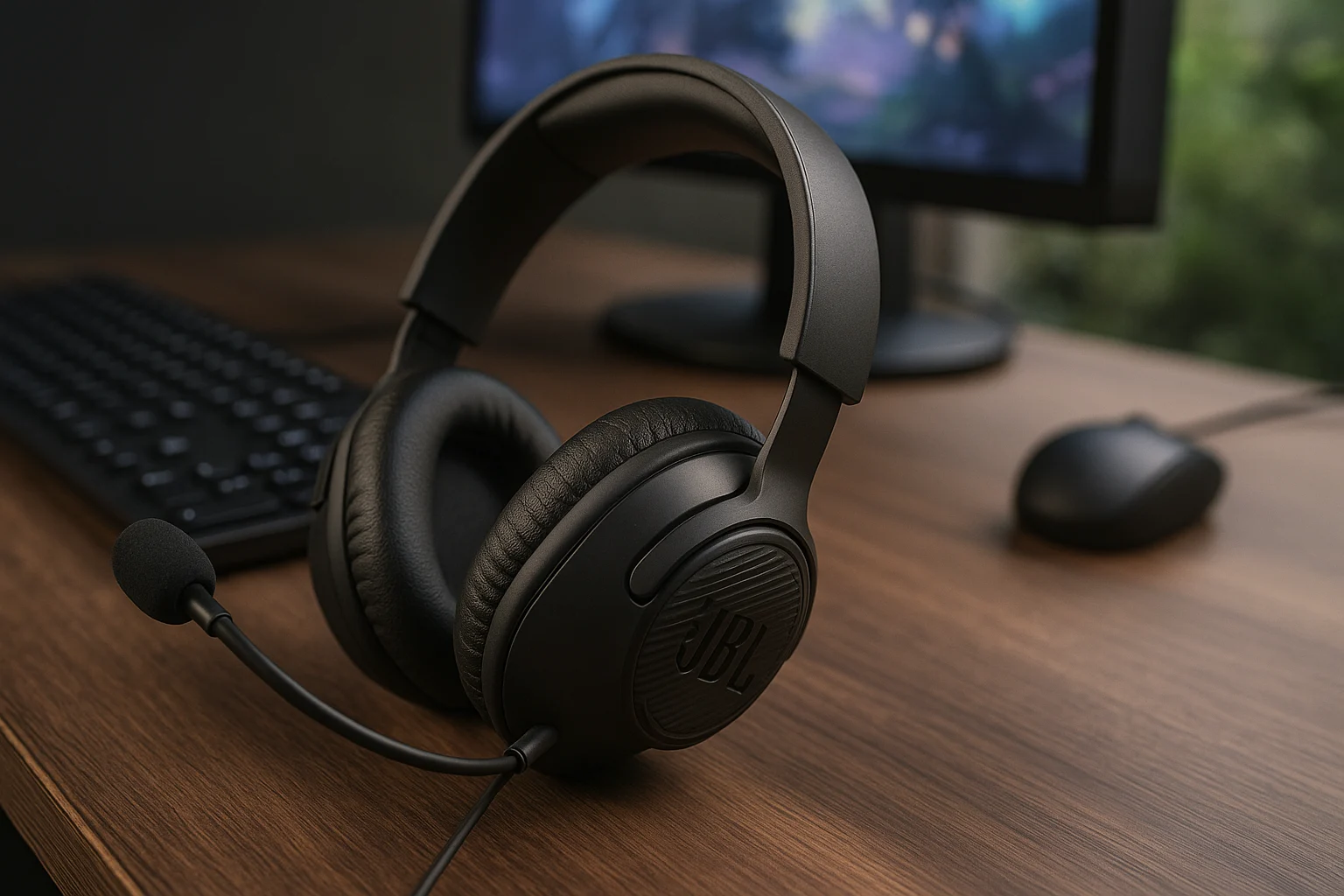 JBL Quantum 100 wired gaming headset resting on a wooden desk beside a monitor, keyboard, and mouse.
