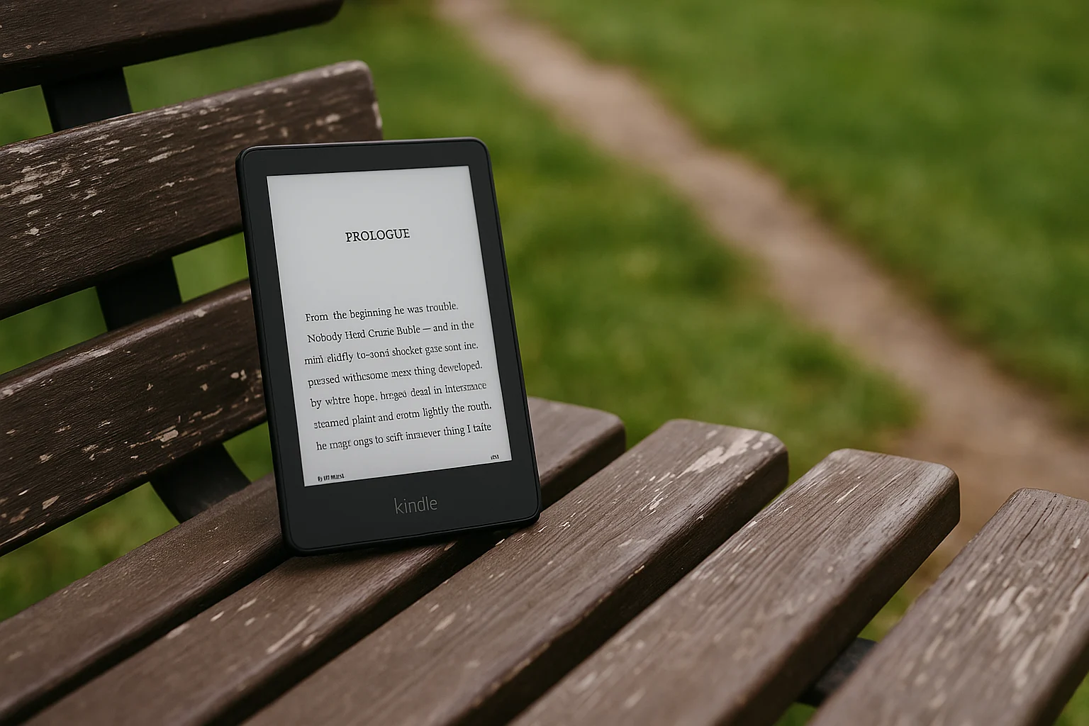 Kindle Paperwhite e-reader displaying a book on a wooden park bench with a blurred green park in the background.