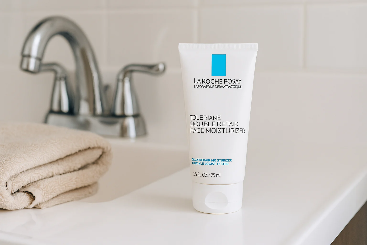 La Roche-Posay Toleriane Moisturizer in clean bathroom setup.