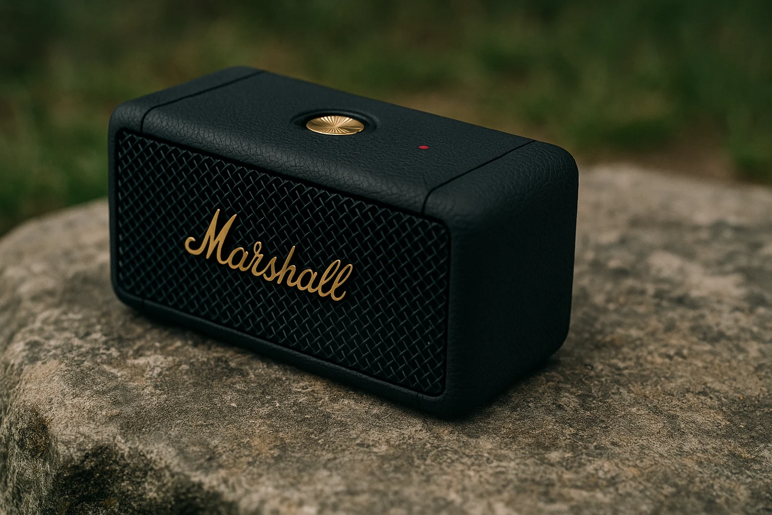 Marshall Emberton III portable Bluetooth speaker on a rock outdoors.