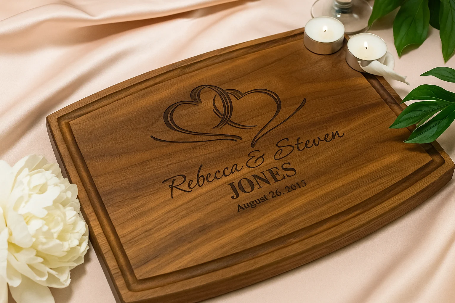 A personalized walnut cutting board engraved with intertwined hearts and the names "Rebecca & Steven Jones" along with the date "August 26, 2013," placed on a blush pink satin fabric with candles, green leaves, and a white flower.