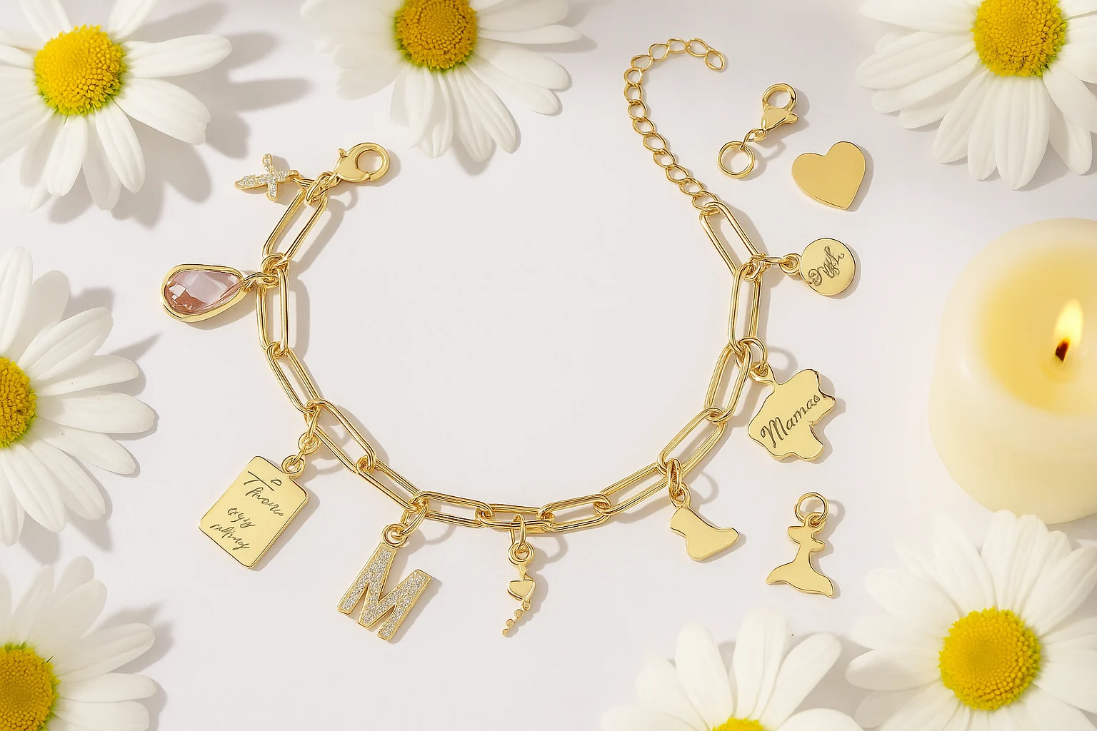 A gold charm bracelet with multiple personalized engraved charms displayed elegantly on a white jewelry tray.