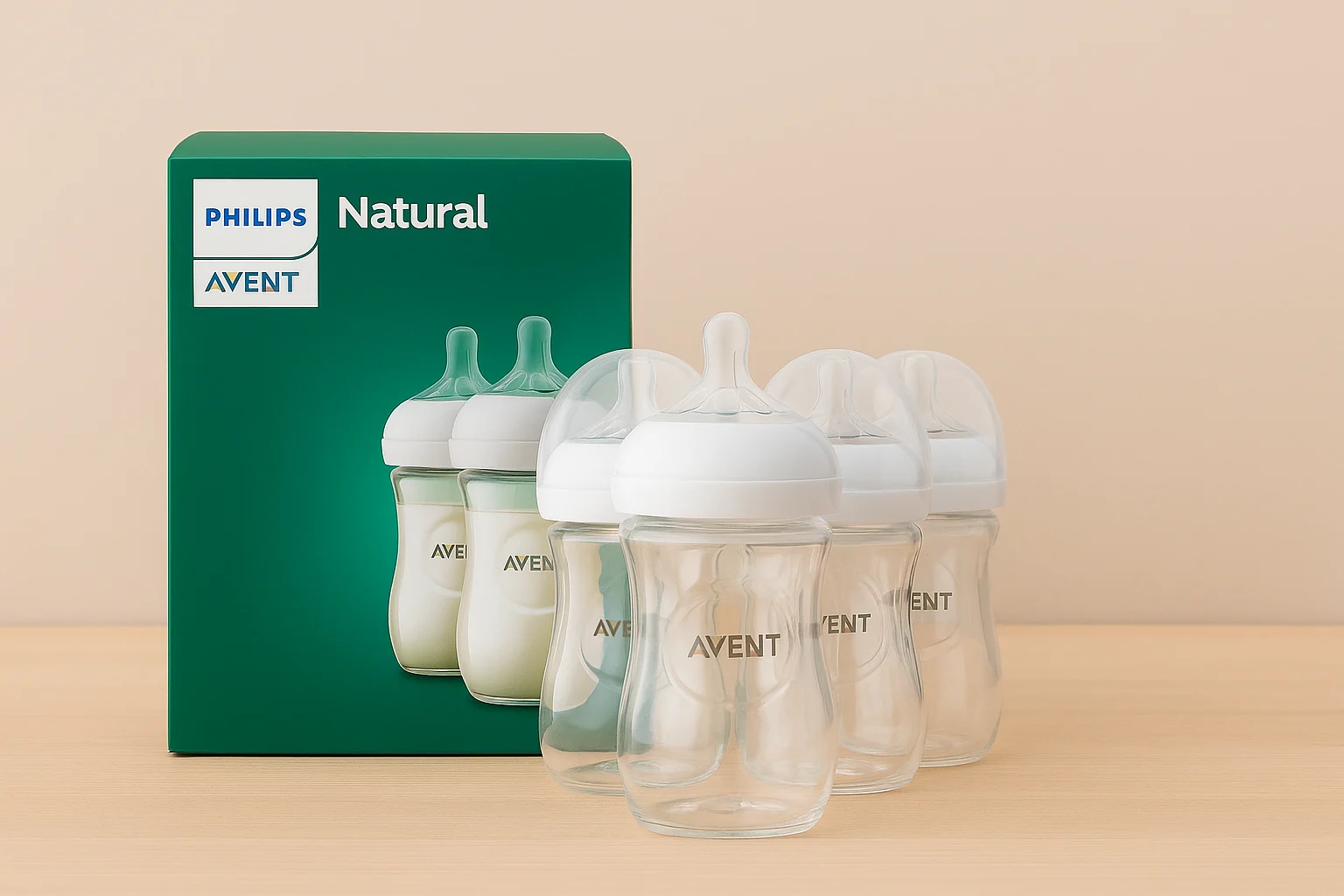 Philips Avent Natural baby bottles set displayed on a clean surface as part of essential baby feeding gear