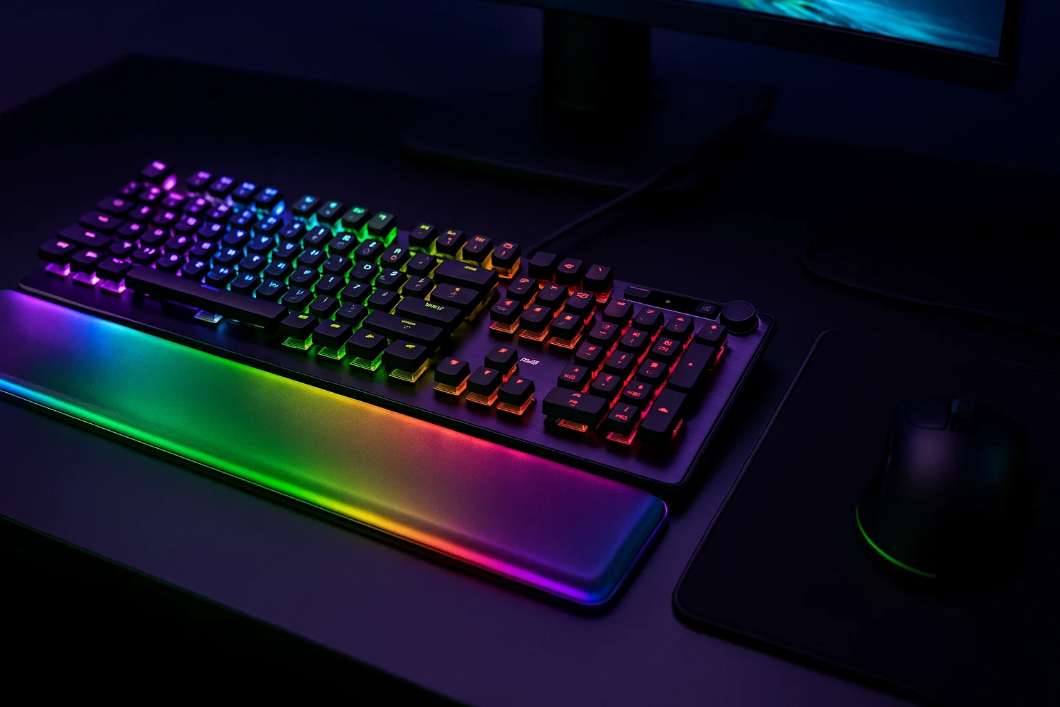 ROCCAT Vulcan II Max RGB mechanical keyboard with underglow palm rest on a sleek gaming desk