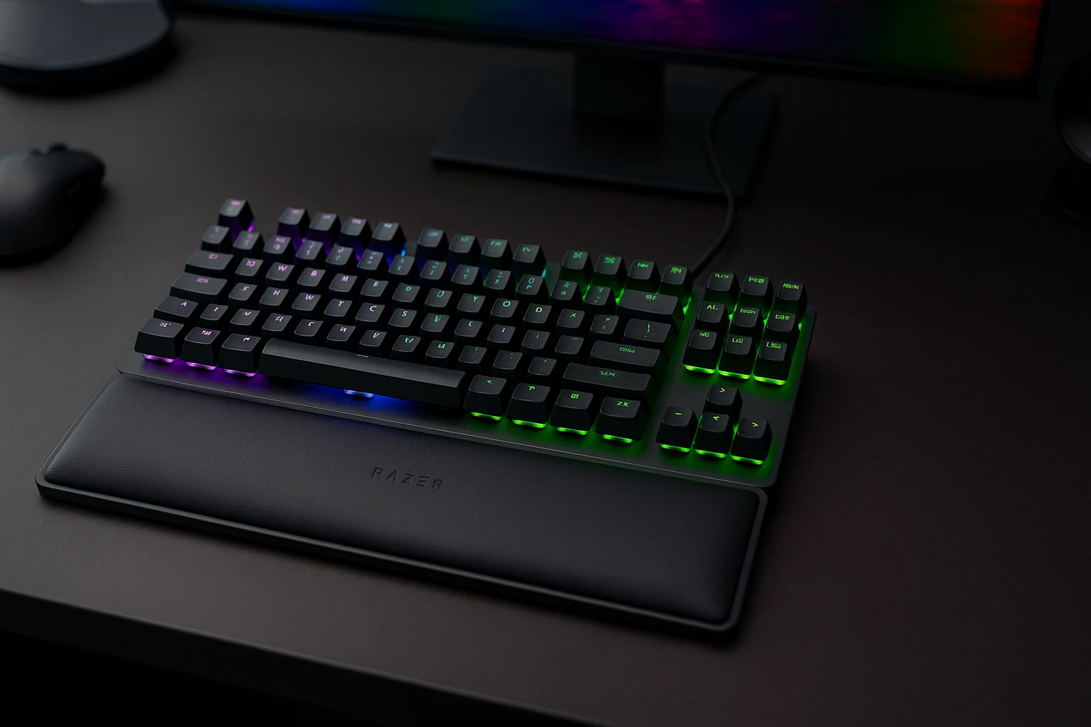 Razer Huntsman V2 mechanical keyboard with wrist rest on a modern desk – designed for speed and quiet gaming