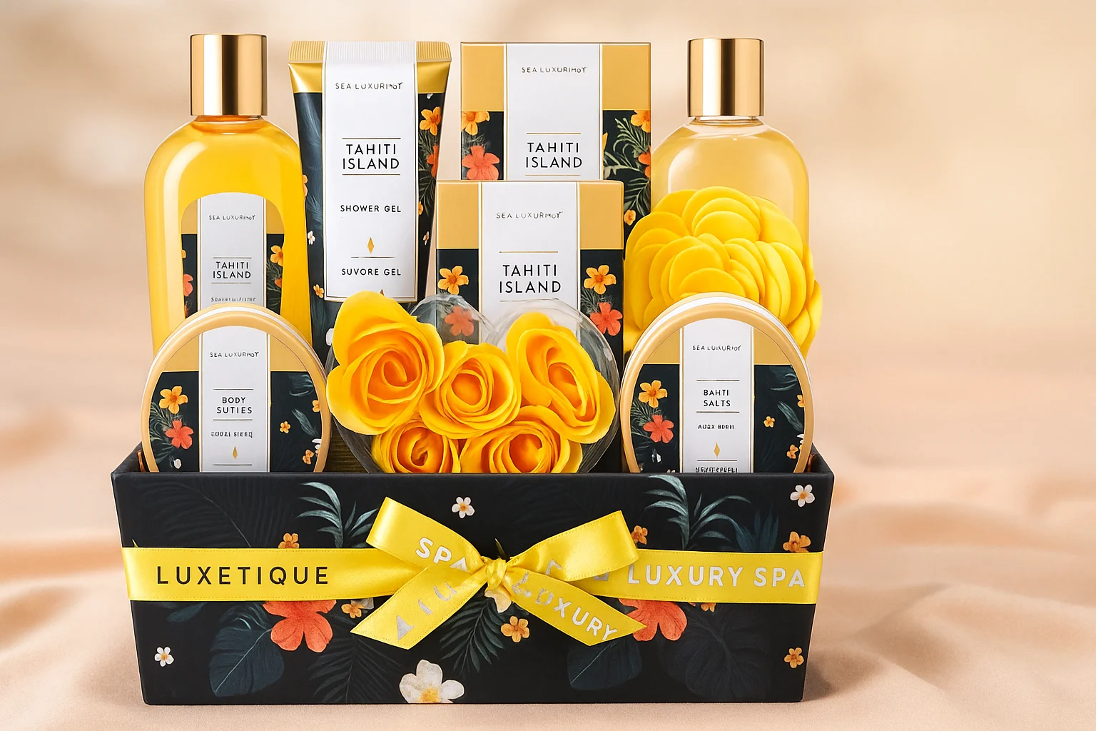 A Luxetique Tahiti Island spa gift basket featuring yellow rose bath soaps, shower gel, bath salts, body lotion, and hand cream, all beautifully arranged in a floral-themed box with a yellow ribbon.