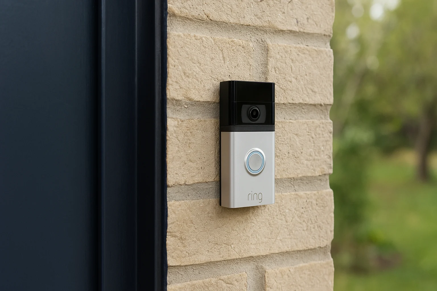 Ring Video Doorbell (2nd Gen) mounted on a beige brick wall next to a navy blue door.