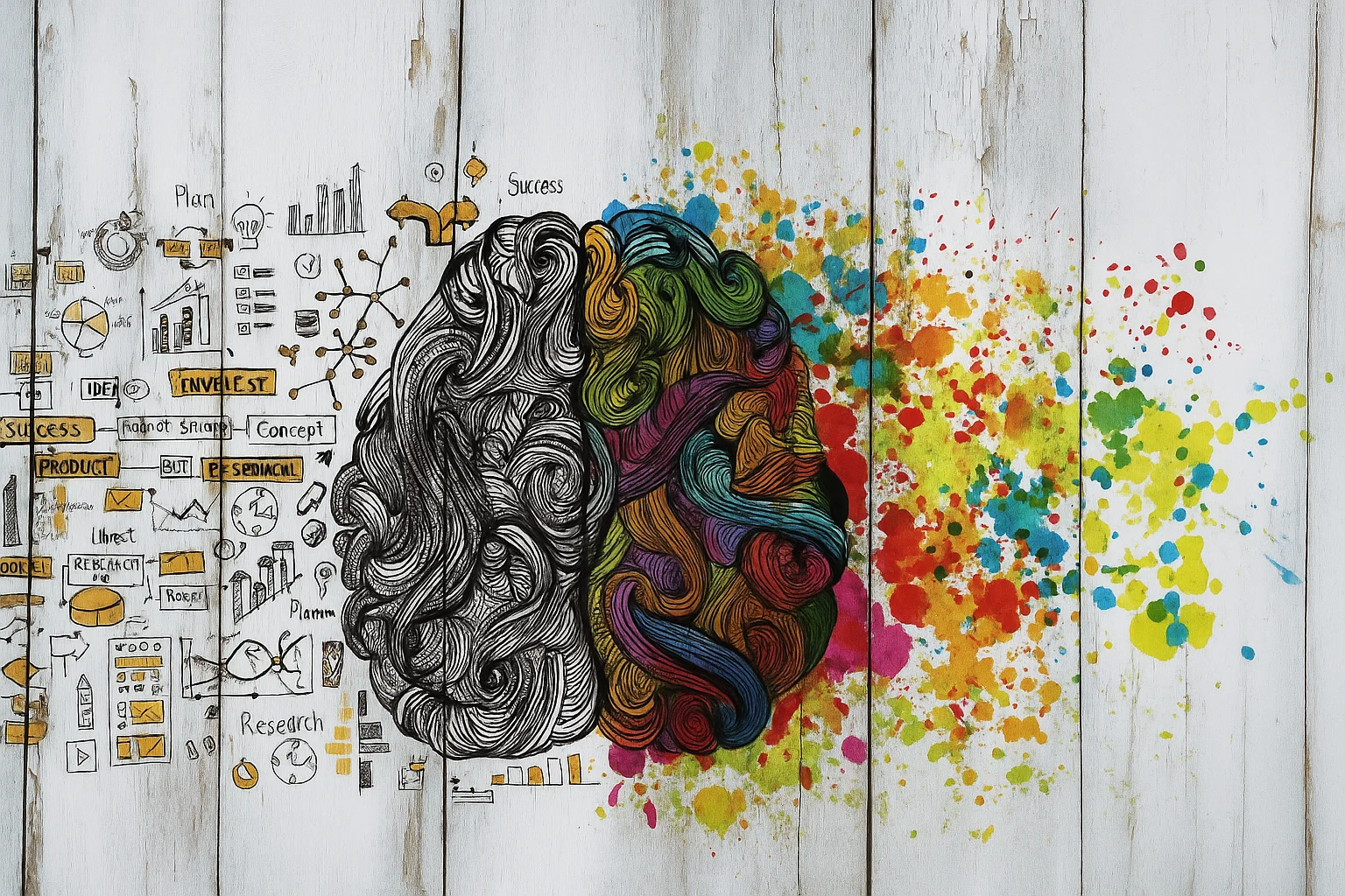 A brain-themed artwork split between analytical sketches and colorful abstract designs, painted across a rustic wooden background in four vertical sections.