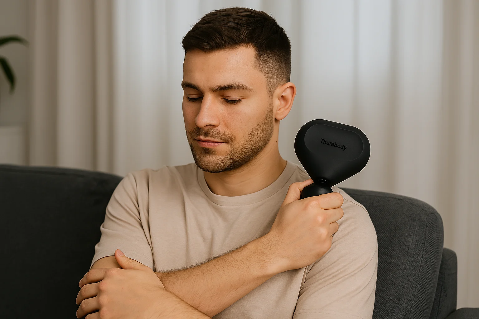 Theragun Mini massage gun in use — a wellness gift for BF who needs daily muscle recovery.