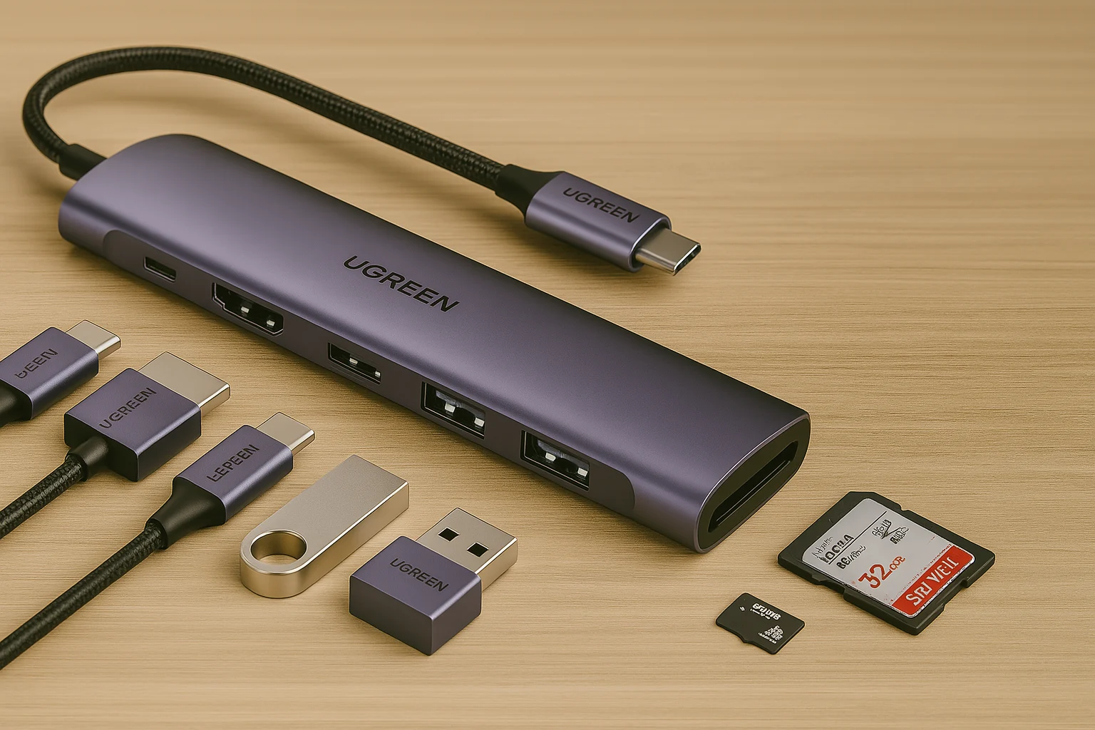A UGREEN USB-C hub with multiple ports and accessories including USB drives, SD cards, and Type-C cables, neatly arranged on a wooden desk.