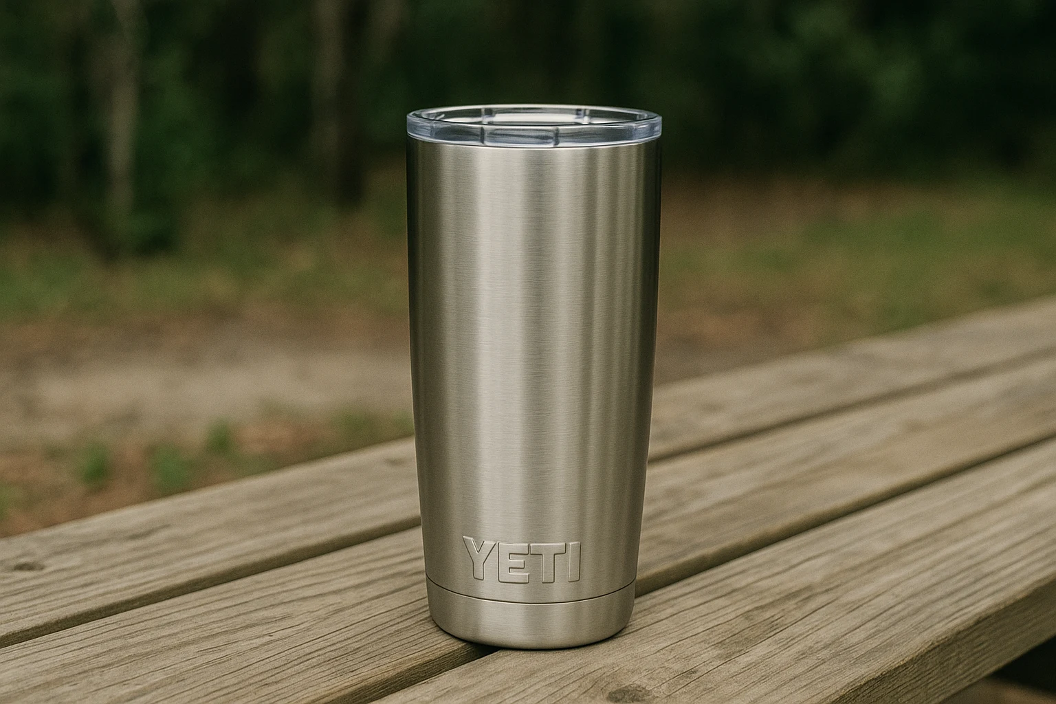 YETI Rambler 20 oz stainless steel tumbler on a wooden picnic table outdoors.