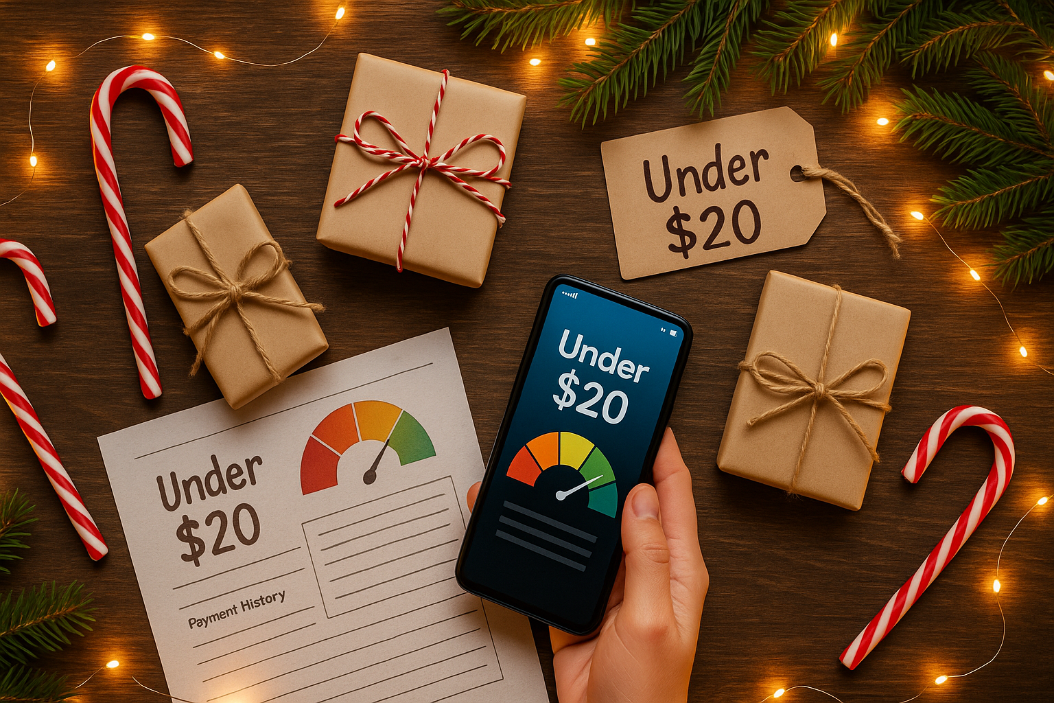 Flat lay of holiday items and small wrapped boxes representing friendly Christmas gifts under $20.