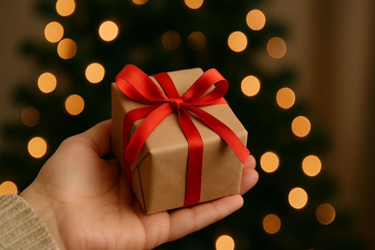 Hand holding a wrapped present symbolizing friendly Christmas gifts under $20 in a warm holiday setting.
