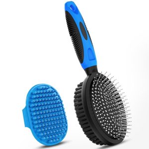 Black and blue double-sided dog grooming bath brushes for shedding and bathing short and long-haired dogs.