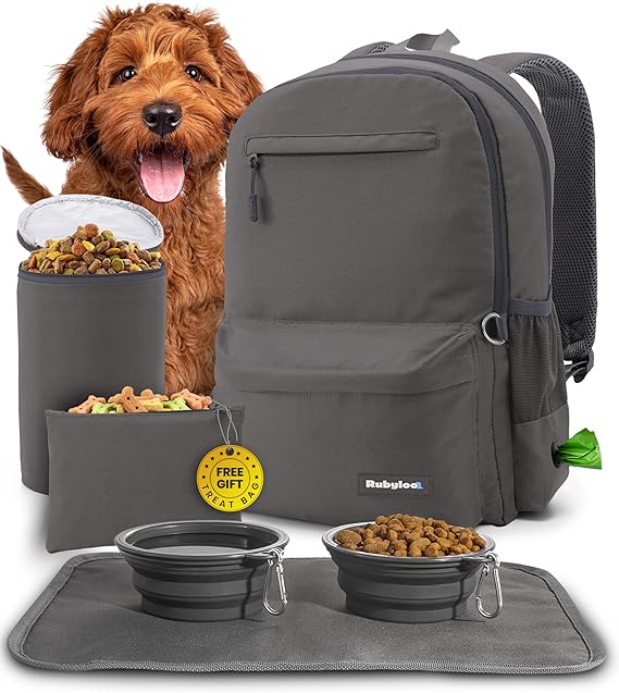 double-layer pet travel backpack with food containers and collapsible bowls