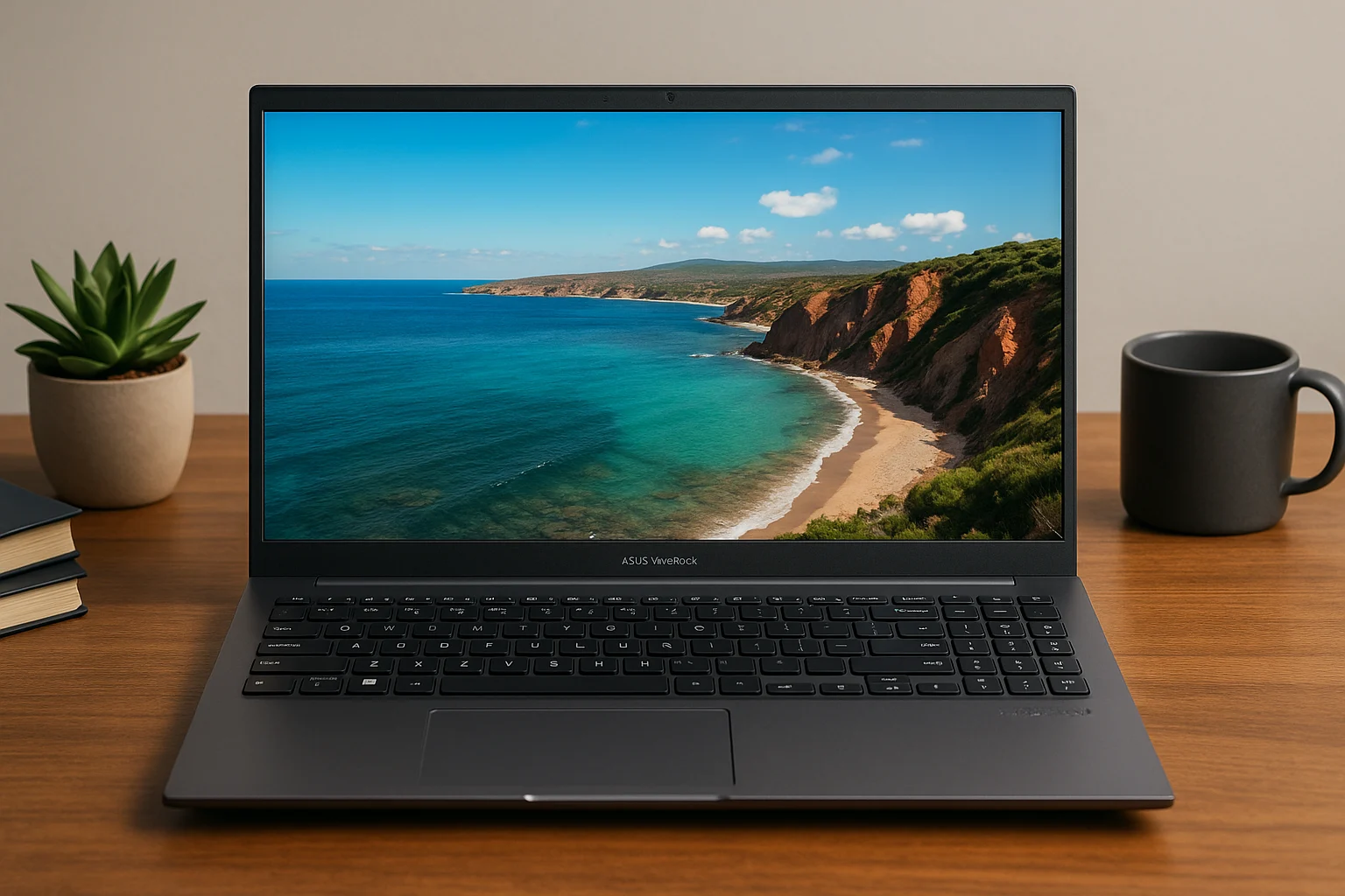 ASUS VivoBook 15 OLED laptop on desk displaying a vivid beach landscape.