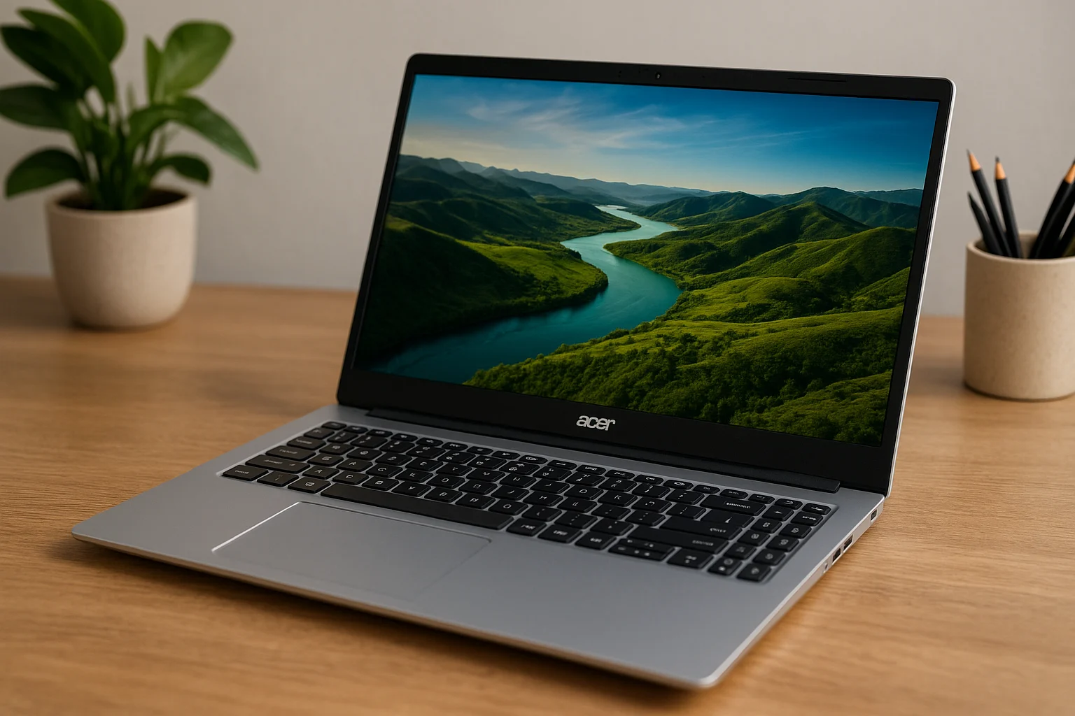 Acer Aspire laptop on a wooden desk with a scenic river landscape on screen.