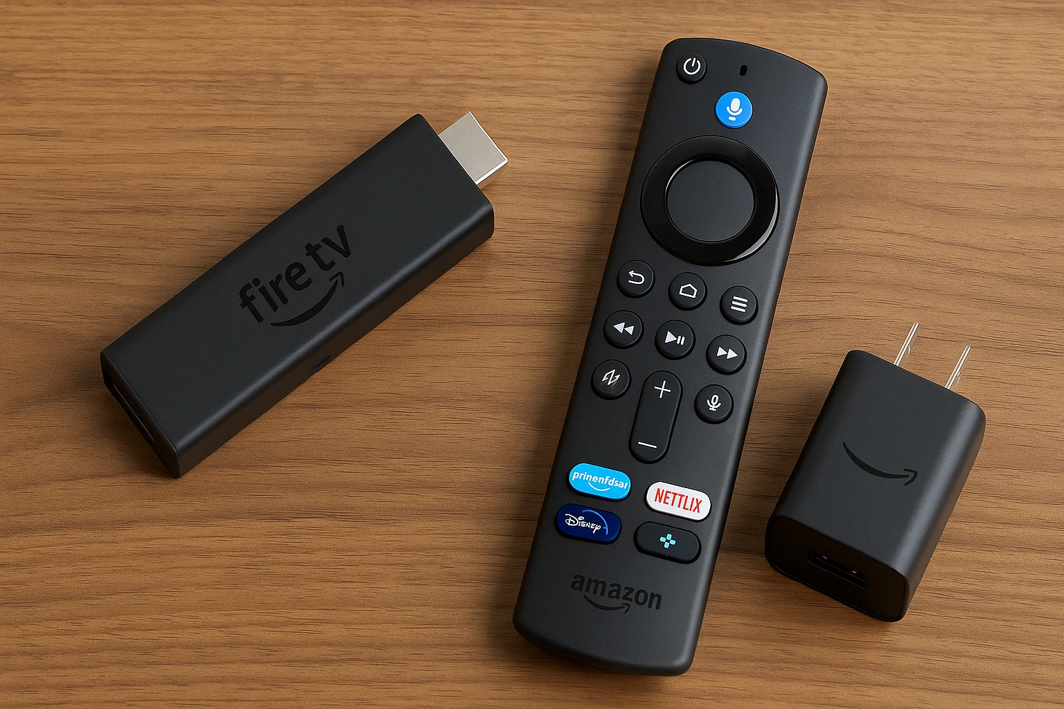 Amazon Fire TV Stick 4K Max with Alexa Voice Remote and power adapter on a wooden surface.