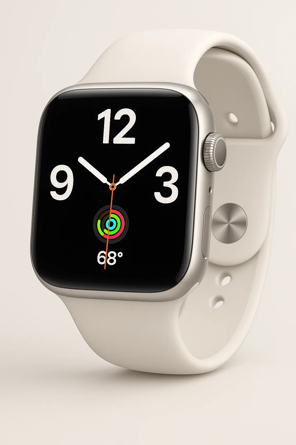 Close-up of a person wearing an Apple Watch Series 9 with a red sport band on their left wrist.