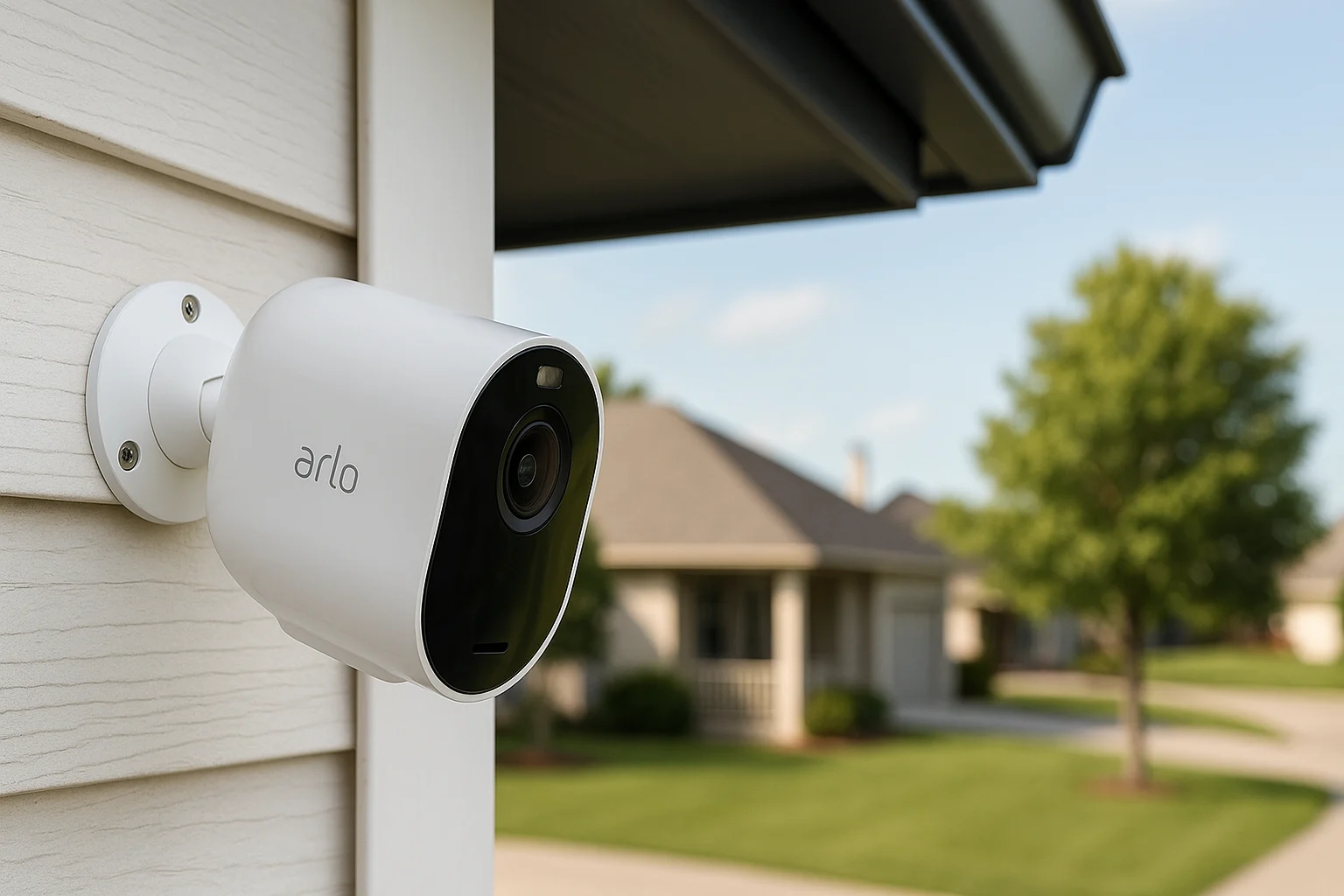Arlo outdoor security camera mounted on a white home exterior wall with a quiet suburban neighborhood in the background.